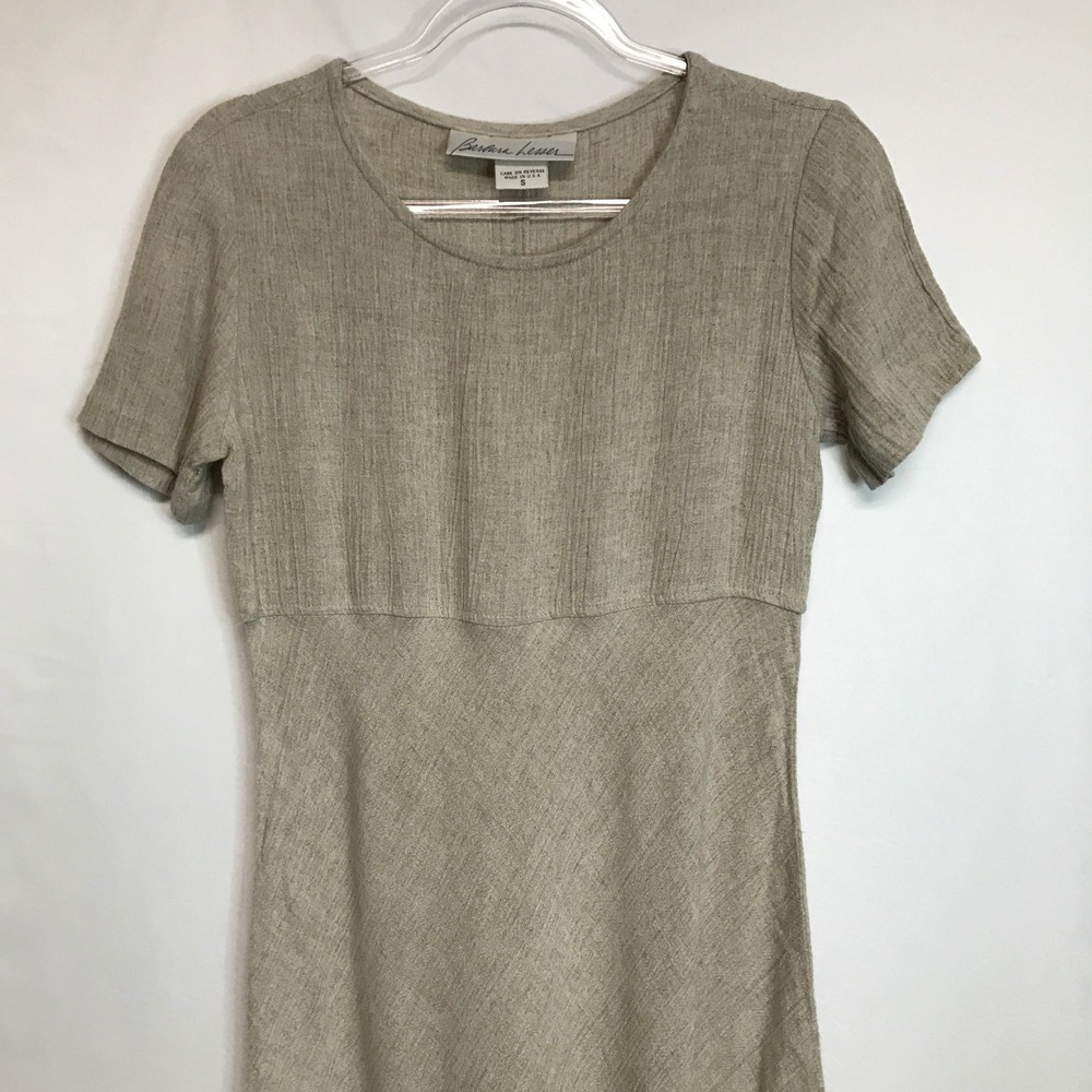 Barbara Lesser Womens Small Flax Rayon Blend Midi Dress Beige Short Sleeve - Picture 2 of 8